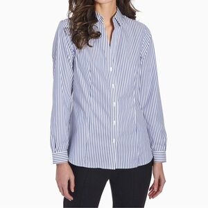 Jones New York Blue and White Striped Easy-Care Button-Up Shirt Small